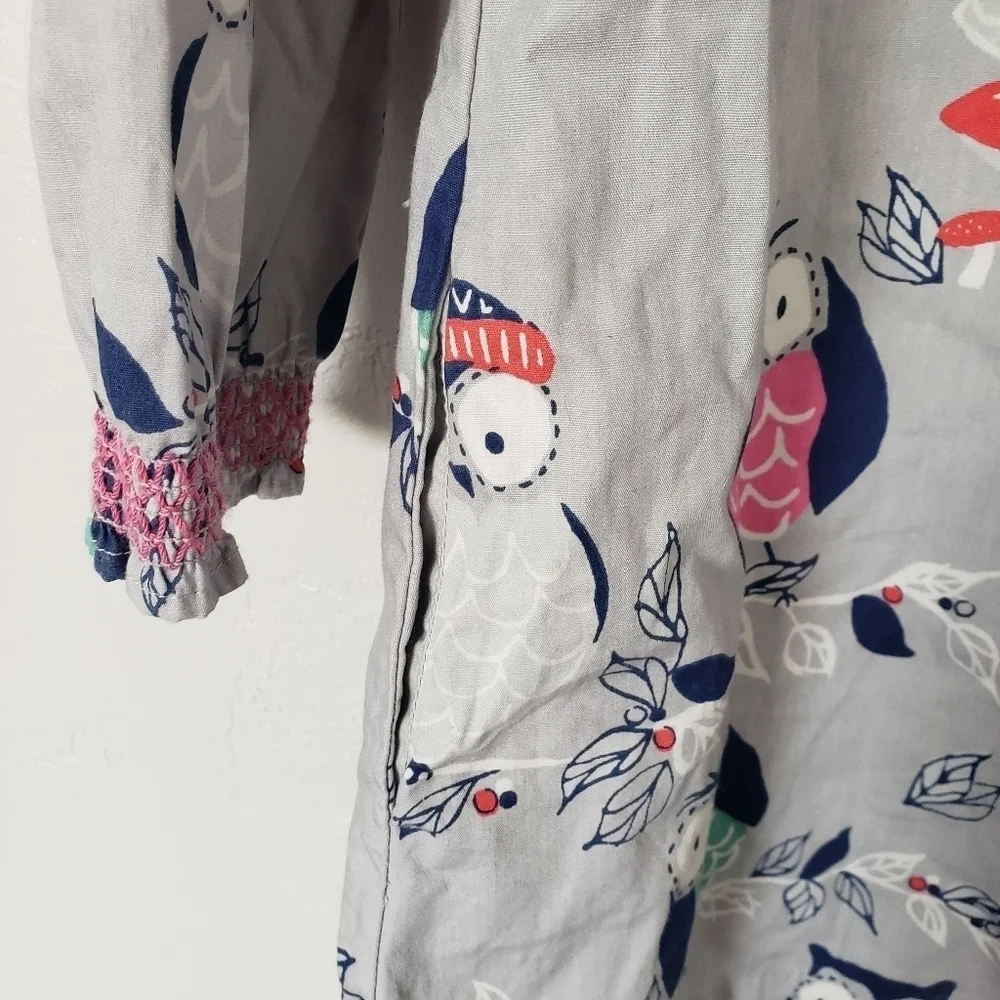 Mini Boden Girls 6-7 Long Sleeve Dress Grey Colorful Owls Smock Neck Cuffs Pink